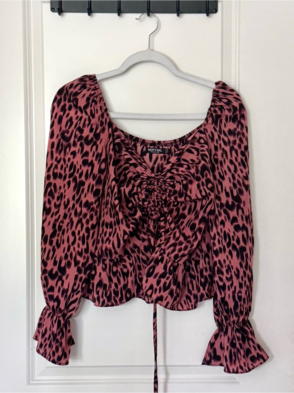 Nasty Gal Pink and Black Leopard Ruched Blouse